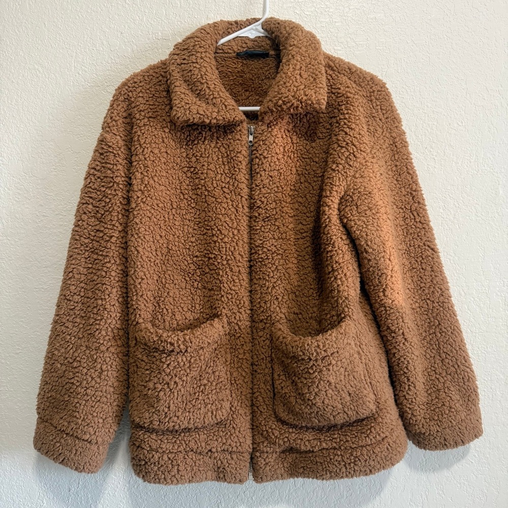 PRETTY GARDEN Women Brown Teddy Bear Fleece Zip Up‎ Jacket Size S